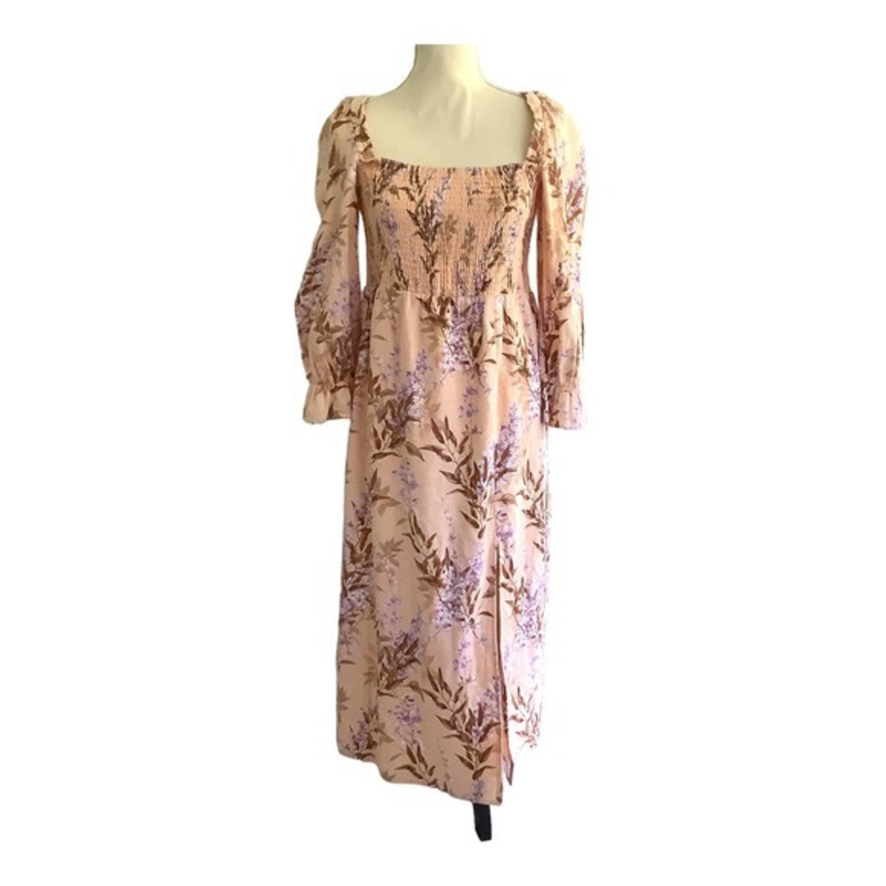 House of Harlow NWT‎ Linen Peach & Lilac Smocked Bodice Maxi Dress Medium